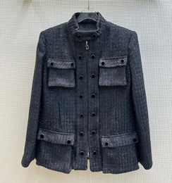 2023 Autumn Black Solid Color Panelled Tweed Jacket Long Sleeve Stand Collar Double Pockets Double-Breasted Jackets Coat Short Outwear Z3S010665