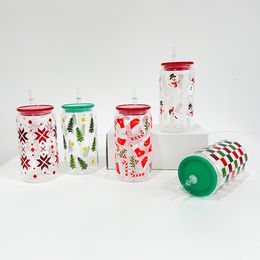 UV printed Christmas Xmas checkered Santa hats stockings snowman trees print clear transparent 16oz reusable beer glass can with plastic pp lids