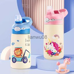 Cups Dishes Utensils 400ml Stainless Steel Thermal Water Bottle For Children Cute Cartoon Thermos Mug With Straw LeakProof Insulated Cup Drinkware x0904