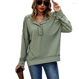 Women's Hoodies Women Autumn Casual Long Sleeve Button Down V-Neck Sweatshirt Plain Solid Colour Loose Fit Pullover Hoodie Tunic Top MXMA