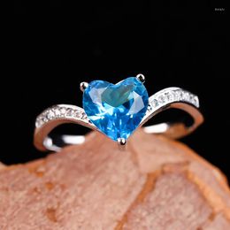 Cluster Rings Luxury Blue Heart Glass Filled Stone For Women Wedding Engagement Party Ring Silver Colour Couple Fashion Jewellery Gift