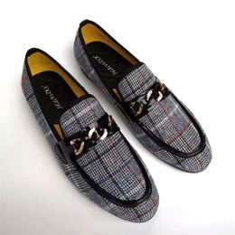 Dress Shoes Fashion Checked Fabric Slip On Men Dress Shoes With Metal Chain Buckle Plus Size Handmade Casual Shoes Men's Moccasins 230901