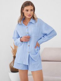 Women's Sleepwear Hiloc White Cotton Pyjamas For Women Sets Long Sleeve Pockets Blue Single-Breasted Home Clothes 2023 Autumn