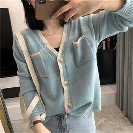 Women's Knits Women Patchwork Knitted Cardigan Single Breasted V-Neck Long Sleeve One Size Autumn Outwear Sweater Coat Korean Fashion