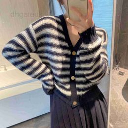 Women's Sweaters designer Korean IC Autumn Winter Blue White Stripe Knitted Cardigan Coat Loose Short Fragrant Gold Button Sweater 5EA4