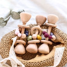 Rattles Mobiles 1PC Baby Teether Toys Beech Wooden Rattle Wood Teething Rodent Ring Silicone Beads Musical Chew Play Gym Montessori Stroller Toy 230901