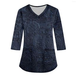 Magliette da donna Largo scollo a V Tasca Stampa Manica a tre quarti Abbigliamento da lavoro Top aderenti Blusas Elegantes Lavoro Pendolarismo Dolce coreano