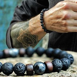 Link Bracelets Volcanic Stone Bracelet For Men Lava Wooden Beads Tibetan Buddha Wrist Chain Jewellery Gift 4