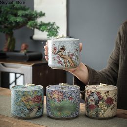 Decorative Objects Figurines Chinese Style Tea Pot Ceramic Sealed Storage Jar Household Retro Box Moistureproof Living Room Decoration 230901