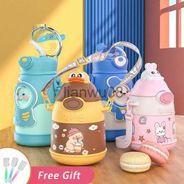 Cups Dishes Utensils Kawaii Thermos with Straw Cute Water Bottle for Girl Cartoon Vacuum Flasks Kids Tumbler Stainless Steel Insulation Cup x0904