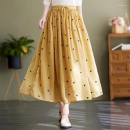 Skirts Limiguyue Cotton Linen Polka Dot Maxi Women Lace Up Loose Vintage High Waist Skirt Casual Long Beach Holiday J276