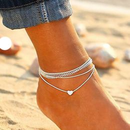 Bohemian Silver Color Anklet Bracelet On The Leg Fashion Heart Female Anklets Barefoot For Women Leg Chain Beach Foot Jewelry Wholesale YMA001