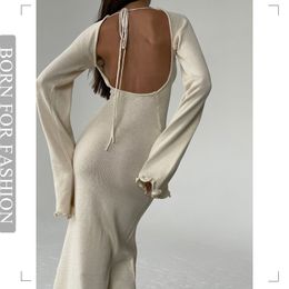 Basic Casual Dresses Gaun tenun wol pas badan punggung terbuka seksi baru musim gugur 2023 gaun hitam lengan Flare berenda pinggang tinggi nyaman 230904