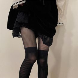 Women Socks Spliced Vertical Stripes Show Thin Silk Milk White JK Lolita False High Sleeve Pantyhose Female