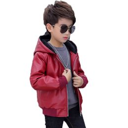 Jackets Winter PU Leather Jacket For Boy Korean Version Plus Velvet Thick Fashion Hooded Coat Handsome Casual Children's Clothing 230904