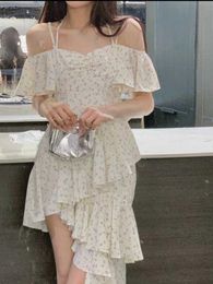 Chiffon Floral Vintage Sweet Dres Off Shoulder Elegant France Midi Dress Female Asymmetric Retro Party Summer 230808