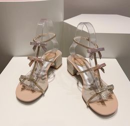 Elegant Design rene Lady CLEO Caterina T-Strap Sandals Crystal Bow Thick Mid Heel Sandals Wedding Party Dress High Heel Wedding women shoes 35-42