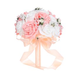 Pink Artificial Bridal Bouquet Bride Wedding Flowers Ribbon Handle Romantic Buque De Noiva 6 Colors W5581266W