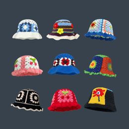 Beanie/Skull Caps Korean Knit Beanies Flower Crochet Bucket Hat Women Handmade INS Vintage Cute Beanies Panama Cutout Cap Y2k Spring Winter 230904