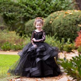 Girl Dresses Long Sleeve Black Flower Ruffles Tulle Appliques Child Birthday Party Wedding Holy Communion For Kids