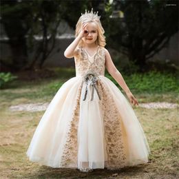 Girl Dresses Flower Elegant Champagne Sleeveless V-neck For Wedding Princess Lace Appliques Ball Gown First Communion Dress