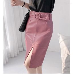 Skirts Spring Real Leather 60cm Long Wrap Skirt Office Lady Sexy Female Ring Belt High Waist Faldas Mujer Front Slit