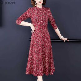 Basic Casual Dresses Spring Autumn Women's Clothing Ice Silk Button Long Sleeve Stand Collar Design of Scattered Small Flower Sand Plants Wave Dress LST230904