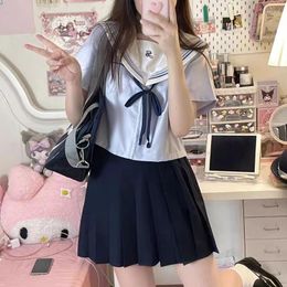 Work Dresses Japanese Sailor Suit College Feng Shui Handmade Short Sleeved Shirt Women Pleated Skirt Jk Uniform Age Reducing Two-piece Set