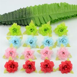 Whole-50 Pcs 4cm Handmade Mini Artificial Silk Rose Flowers Heads With Leaves DIY Scrapbooking Flower Kiss Ball For Wedding De255p