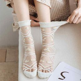 Women Socks Embroidery Floral Crystal Silk Summer Ultra-thin Transparent Elastic Long Japanese Fashion Sweet Girls Kawaii