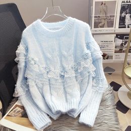 Women's Sweaters Women Fall Flowers Crocheted Pearls Beaded Pullovers Sticthing Ruffled Knitted Sweater Shirt Knitwear Jumpers Tops