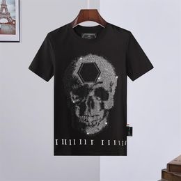 Men's Summer Breathable T-shirt Skull Letter Logo Rhinestone Round Neck Comfortable Top218m