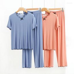 Women's Sleepwear Modal Trousers Pyjamas Women Spring/Summer Korean Fashion Simple Thin Short Sleeve Bow Decor Tops With Long Pants Pijamas