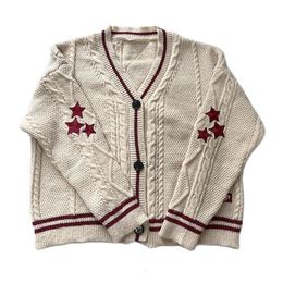 Womens Sweaters Ins Fashion Vneck Single Breasted Knitted Sweater Autumn Star Embroidered Cardigan Casual Long Sleeve Crochet Tops 230904