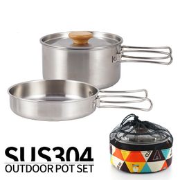 Camp Kitchen Camping Pot Set 304 Stainless Steel Outdoor Cookware Kit Cooking Set Travel Tableware Tourism Hiking Picnic Equipment 230905
