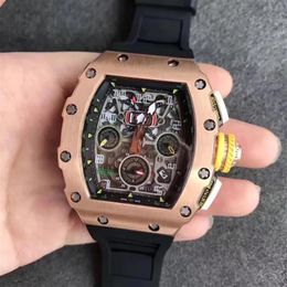 2 style High Quality Wristwatches Watch 50mm x 40mm R M 011 Flyback Luminescent Rose Gold Rubber Bands Black Transparent Mechanica2553