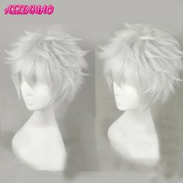 Cosplay Peruki Hunter x Hunter Killua Zoldyck Wig Short Men Wig Cosplay Srebrny kudłaty warstwowy odporny na ciepło syntetyczne peruki włosy Cap 230904