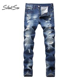 Men's Jeans Silentsea Biker Men High Stretch Cargo Denim Pleated Slim Jean Scratched Pants Trousers Big Large Size 42303j