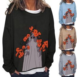 Women's Hoodies Flower Print Loose Crew Neck Long Sleeve Rolled Hem Casual Sweatshirt Top