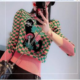 New design women's o-neck long sleeve Colour block cat flower embroidery plaid pattern cute knitted sweater tops plus size SML330R