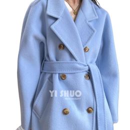 Womens Wool Blends Women Beautiful Classic Sky Blue Thicken Warm Winter Woollen Cashmere Long Coat Double Breasted Laceup With Belt Overcoat 230905