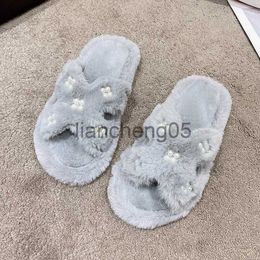 Slippers Pearl Slippers Women Winter Plush Warm Fashion Cross Fluffy Fur Shoes Home Slides Flats Indoor Floor Flip Flops Ladies Shoes X0905