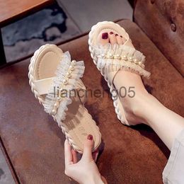 Slippers 2023 Summer New French Pearl Thick Bottom Versatile Non-slip Slippers Fashion Soft Bottom Beac Sandalias De Mujer X0905