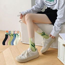 Women Socks Cotton Cute Short Cartoon Flower Candy Color Korean Style Harajuku Kawaii Breathable Casual Mid Tube For
