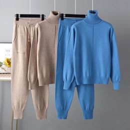 Womens Hoodies Sweatshirts casual and fashionable temperament set autumn winter high neck solid Colour sweater knitted twopiece 230904