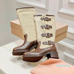 2023-Top Buckle Detailed Slip-On Knee Boots Round toe pumps heels for girls women luxury designer Booties Suede leather sole shoes factory footwear Size 35-40