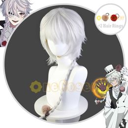 Cosplay Wigs Anime Bungo Stray Dogs Season 4 Nikolai Gogol Cosplay White Gray Braid Hair with 2 Hair Rings Heat-resistant Fiber Hair Wig Cap 230904