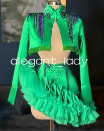 Green Stain Two Pieces Short Prom Cocktail Dresses Long sleeve luxury tassel beaded ruffles skirt mini evening birthday gown