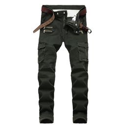 Men jeans Biker Punk Style Cargo Pocket Jeans Skinny Famous Brand Mens Designer Clothes Zipper Denim Pants Army Green286v