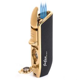 2021 Jobon Triple Torch Metal Windproof Blue Flame No Gas With Cigar Cutter Lighters Cigarette Lighter Gift For Men I9EP